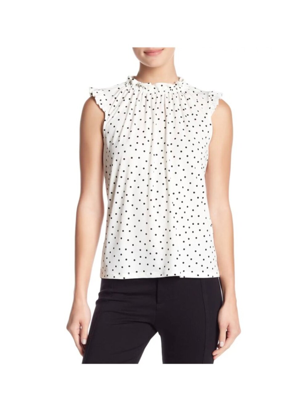 NWT Adrianna Papell Blouse Womens M Polkadot Mock Neck Ruffled Collar Cap Sleeve